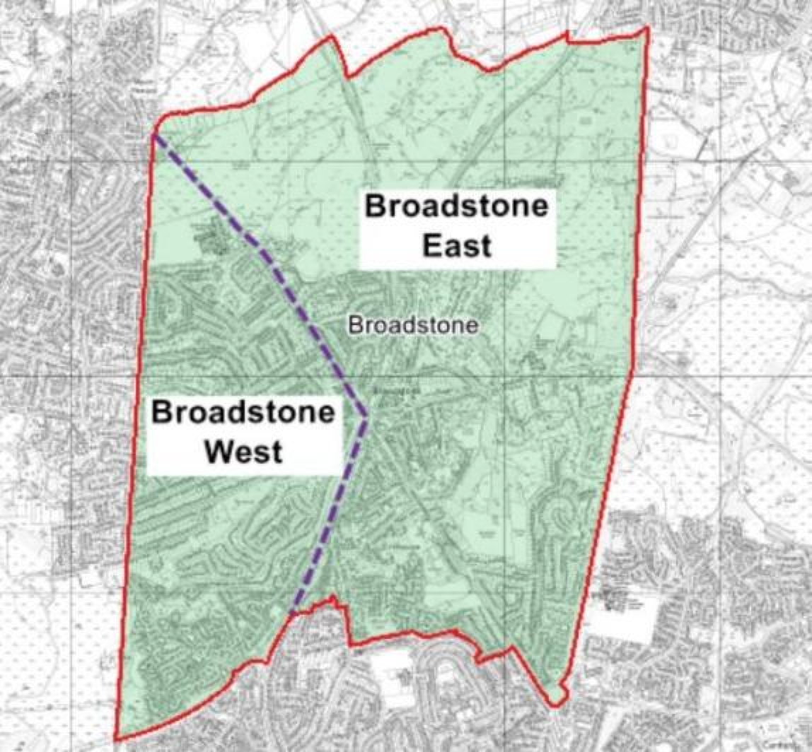 Map showing the Broadstone Town Council area divided geographically into Broadstone East and Broadstone West electoral wards