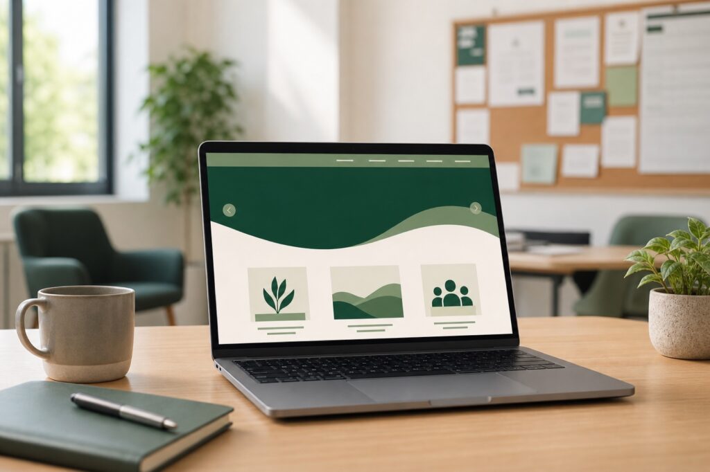 Laptop showing the new Broadstone Town Council website in a council office
